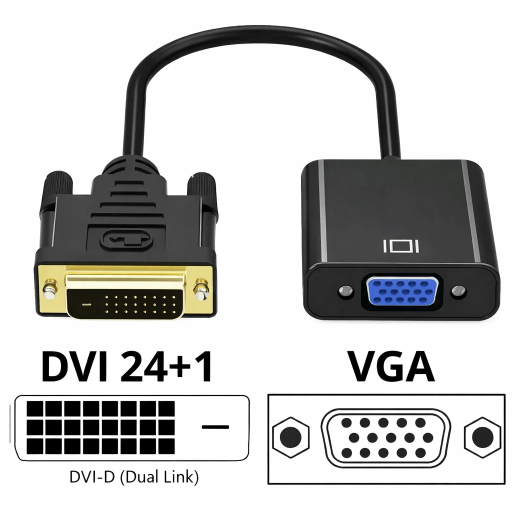Detalle conectores DVI y VGA del adaptador