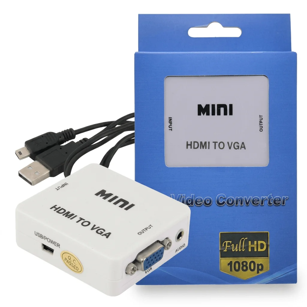 Convertidor HDMI a VGA conectado a laptop y monitor