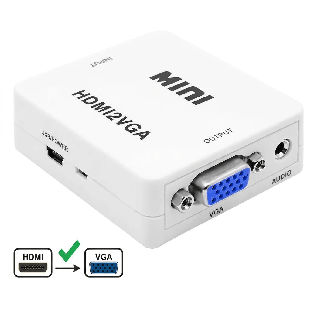 Convertidor HDMI a VGA conectado a laptop y monitor
