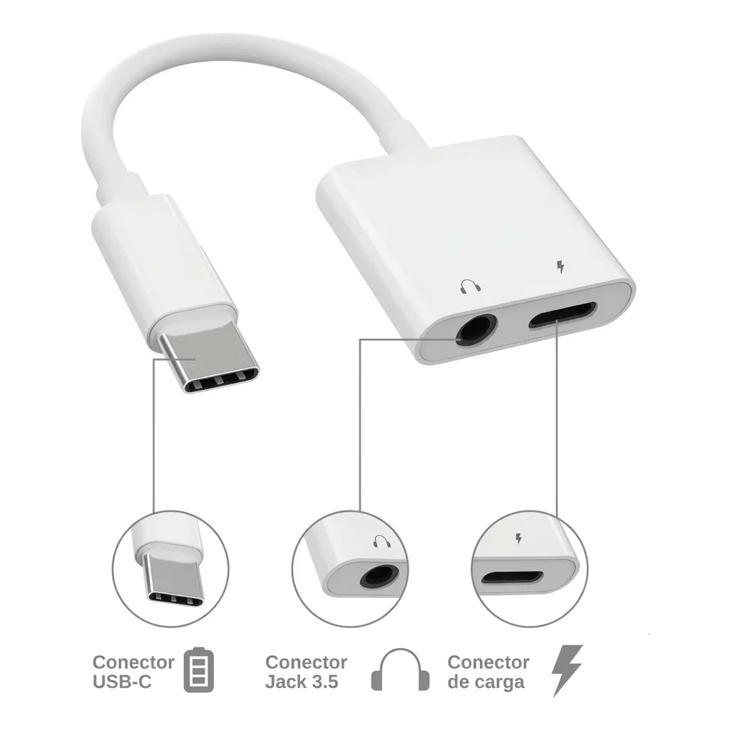 Detalle conector USB-C y jack 3.5mm