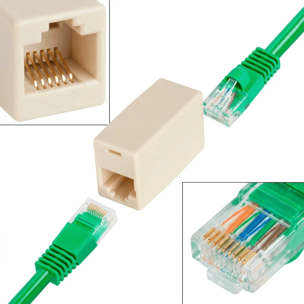 Adaptador unión cable UTP conectando dos cables de red Ethernet