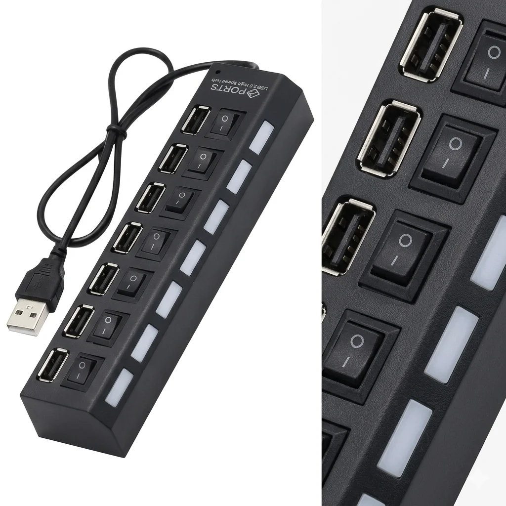 HUB USB 7 puertos conectado a laptop con múltiples dispositivos