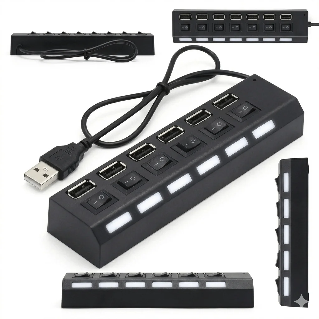 Detalle de los 7 puertos USB del HUB multipuerto
