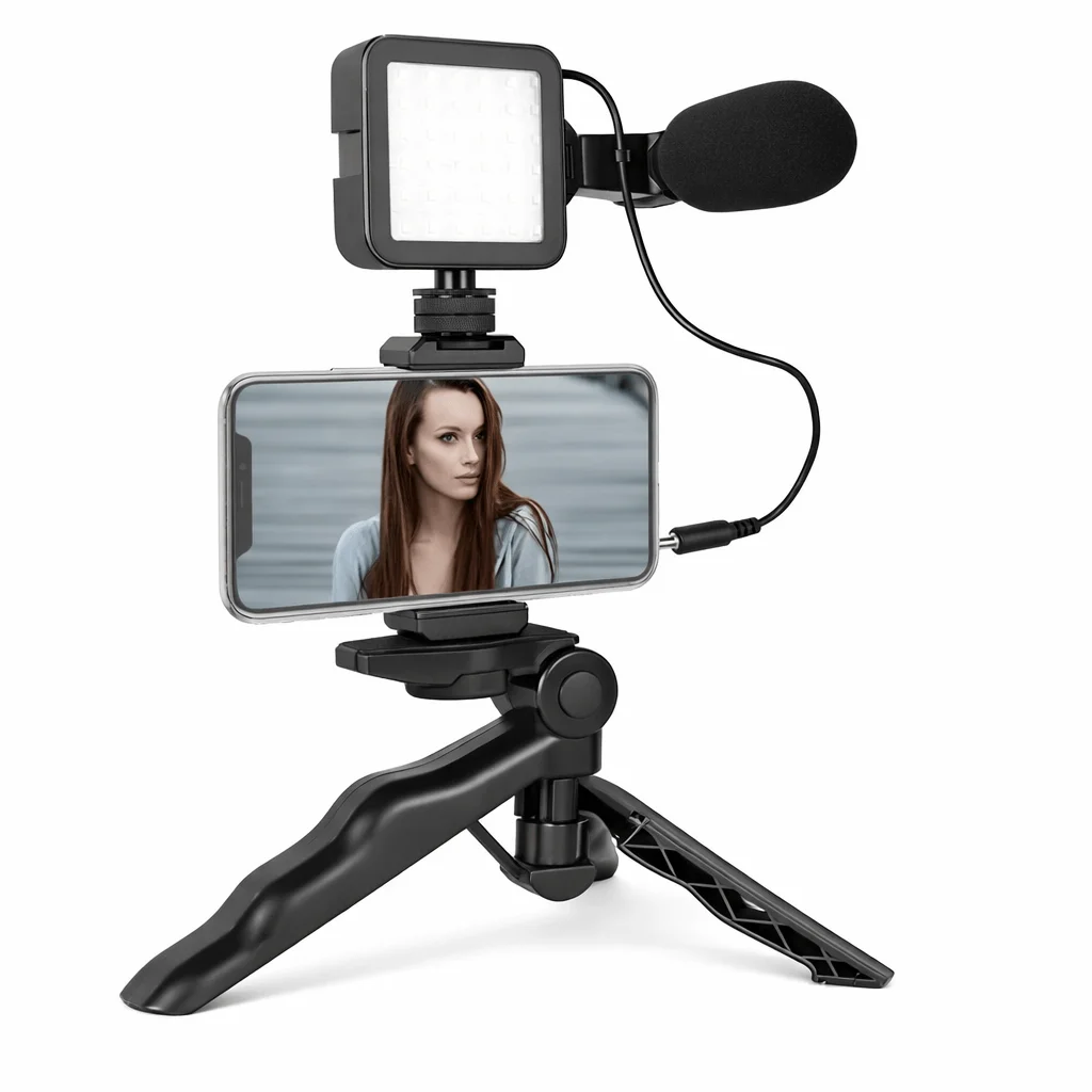 Kit estabilizador de video con panel LED y micrófono para celular