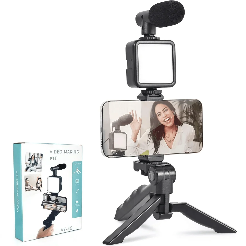 Kit estabilizador de video con panel LED y micrófono para celular